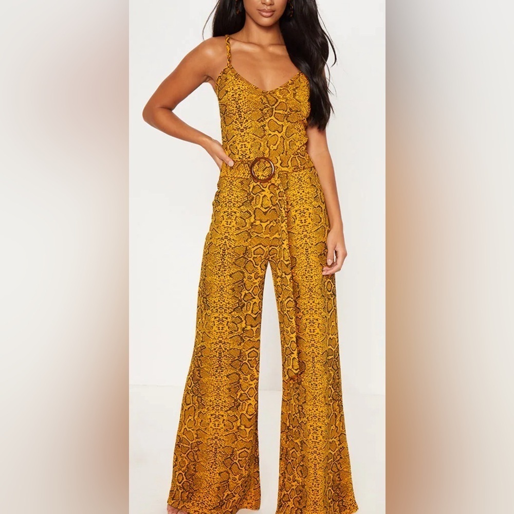 Petite Yellow Snake Print Tortoise Shell Belt Jumpsuit - size 0